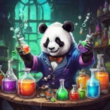 A mad scientist panda working in a laboratory