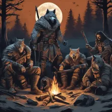 A band of warriors and werewolves by the camp fire