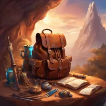 A brown leather backpack next to a list of items