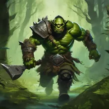 A fantasy video game green orc running to battle