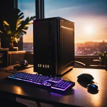 A gaming PC sitting by the window on a desk
