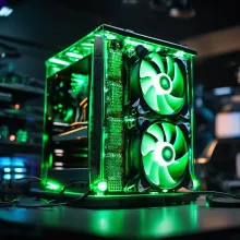 A gaming PC tower with green neon fans for cooling