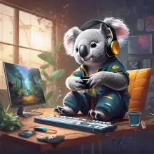 A koala gamer wearing audio headphones