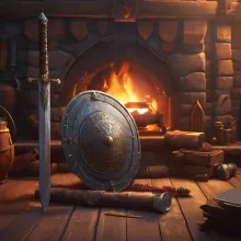 A shield and sword by the fire place
