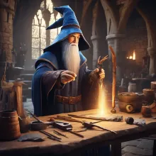 A wizard repairing his staff on a crafting table