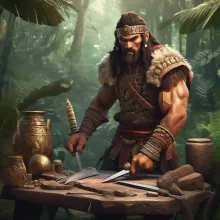 A barbarian warrior sharpening his weapons