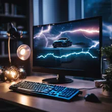 A computer monitor with a lightning image