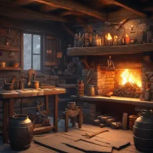 A crafting table by the fireplace