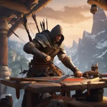 A thief warrior fixing his bow on crafting table