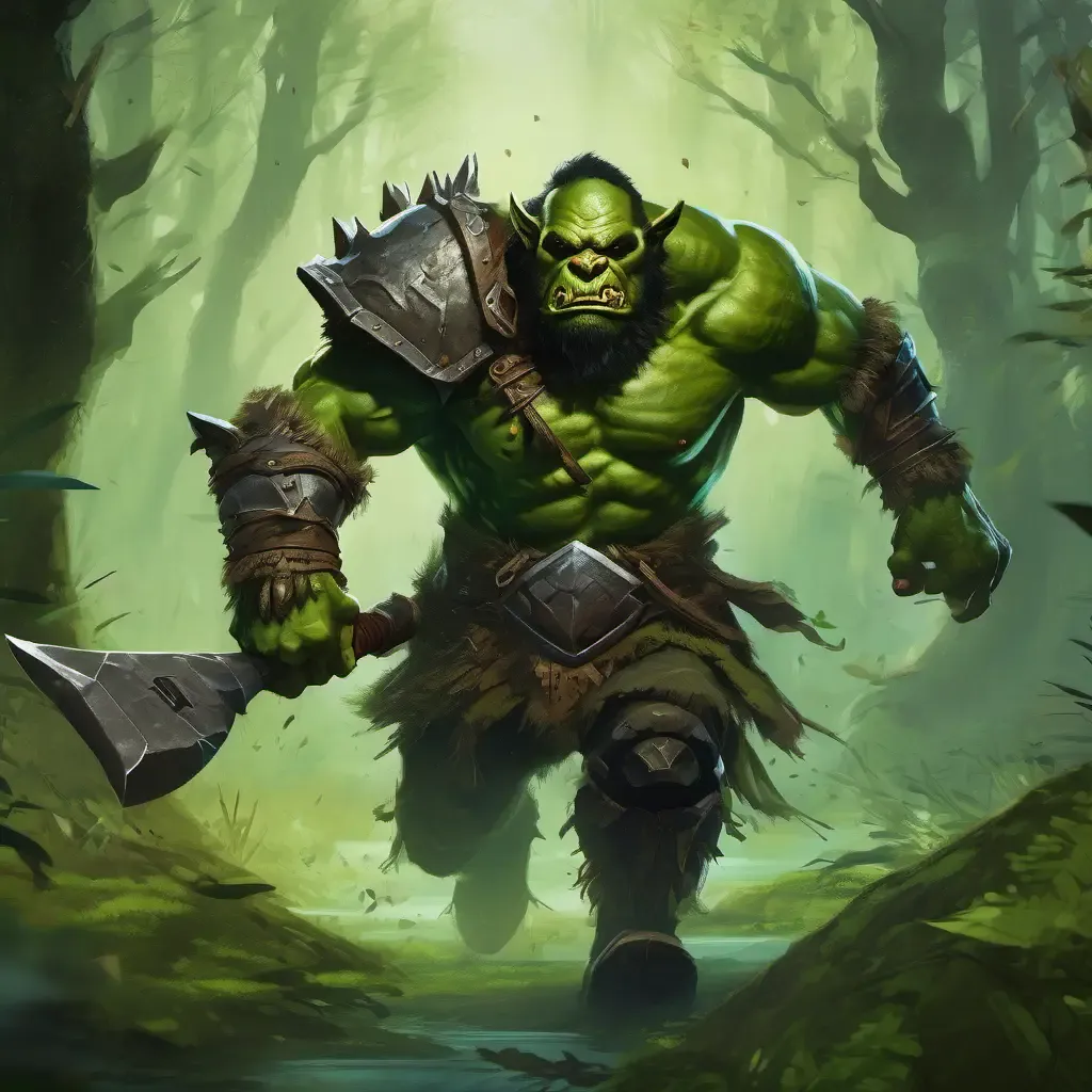 A fantasy video game green orc running to battle