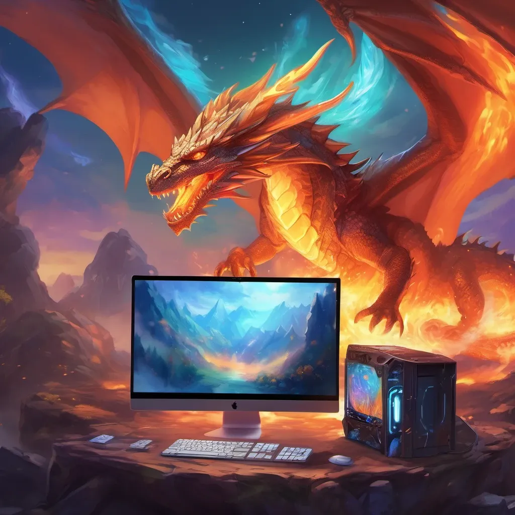 A fire breathing dragon next to a gaming computer