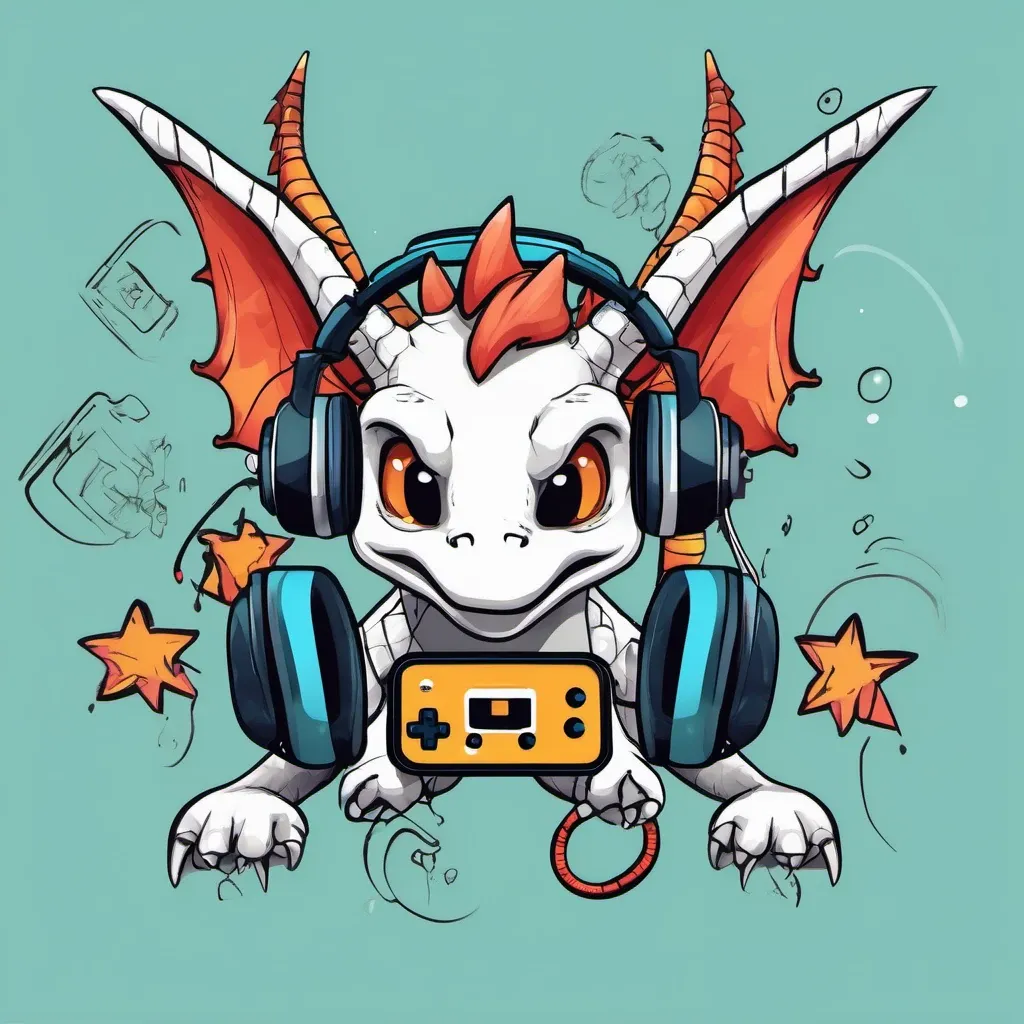 A young dragon wearing headphones