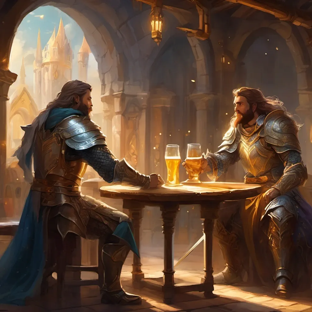 Two men in heavy armor talking about a quest